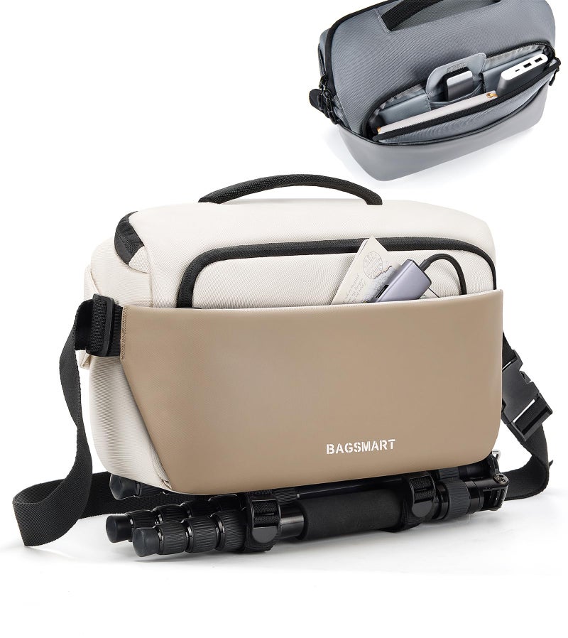 BAGSMART Camera Sling Bag Small Camera Bags for Photographers with Tripod Holder Waterproof DSLRSLRMirrorless Camera Bags Crossbody with Rain Cover Compatible with Canon Sony Nikon Beige - Image 2