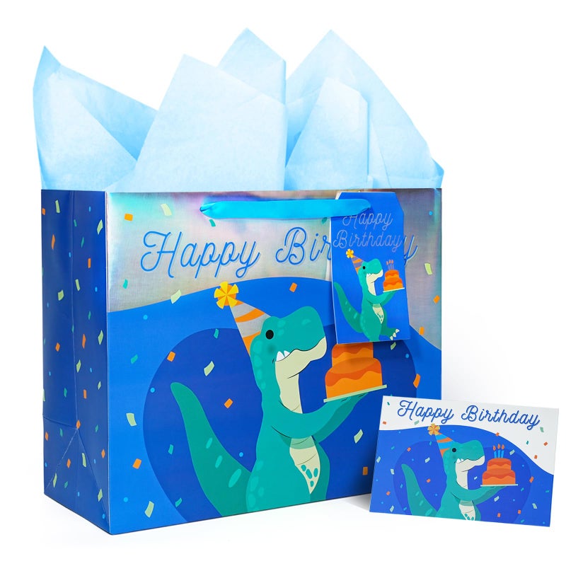 LaRibbons 13" Large Dinosaur Birthday Gift Bag with Tissue Paper and Greeting Card, Blue with Holographic Design, Perfect for Boys and Kids Birthday - Image 1