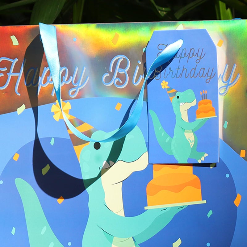 LaRibbons 13" Large Dinosaur Birthday Gift Bag with Tissue Paper and Greeting Card, Blue with Holographic Design, Perfect for Boys and Kids Birthday - Image 4