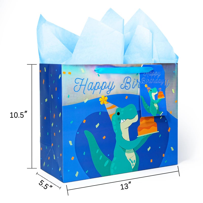 LaRibbons 13" Large Dinosaur Birthday Gift Bag with Tissue Paper and Greeting Card, Blue with Holographic Design, Perfect for Boys and Kids Birthday - Image 3