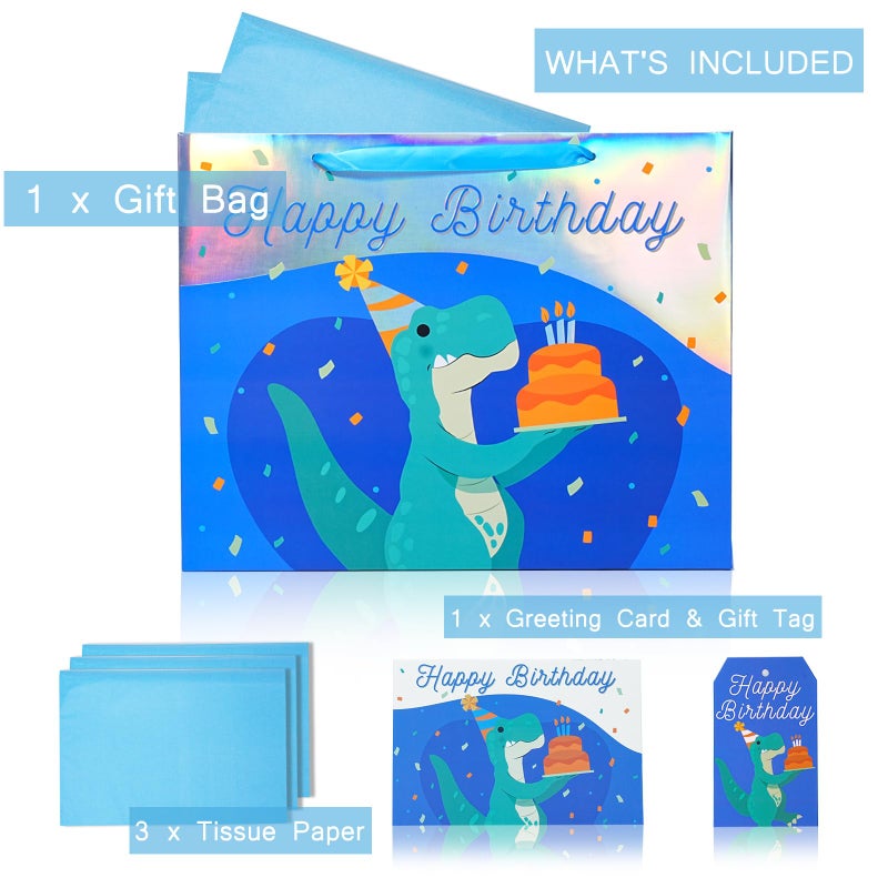 LaRibbons 13" Large Dinosaur Birthday Gift Bag with Tissue Paper and Greeting Card, Blue with Holographic Design, Perfect for Boys and Kids Birthday - Image 2