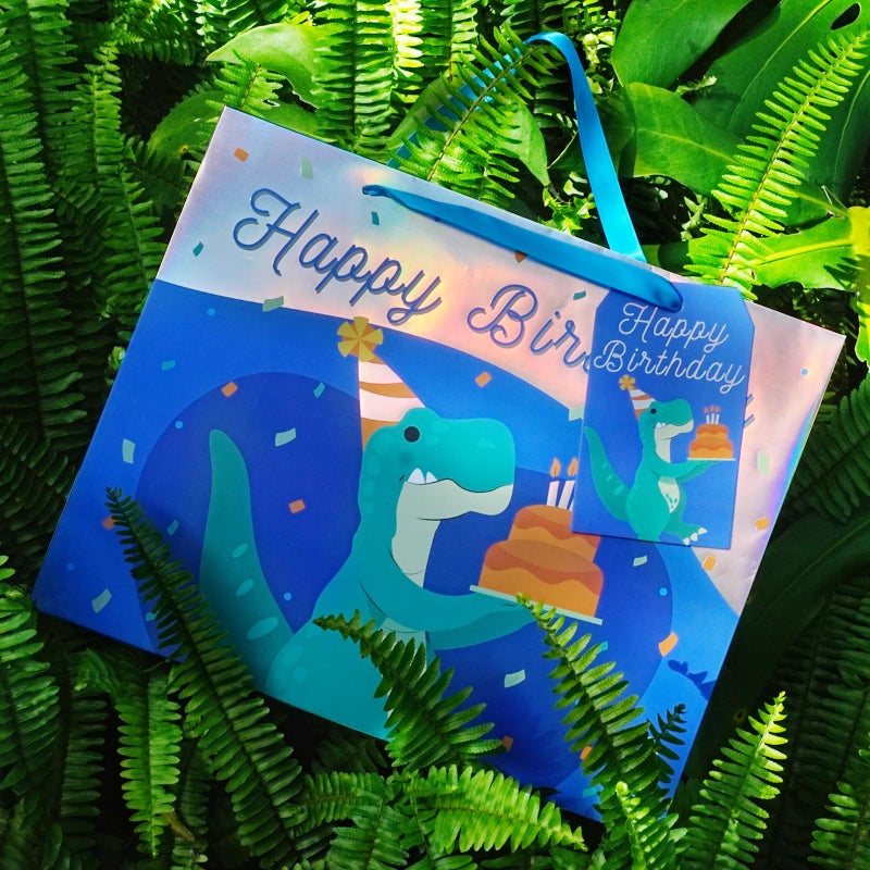 LaRibbons 13" Large Dinosaur Birthday Gift Bag with Tissue Paper and Greeting Card, Blue with Holographic Design, Perfect for Boys and Kids Birthday - Image 5