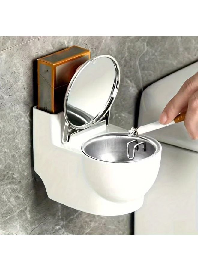 مطفأة سجائر فضية على شكل مرحاض بغطاء، حاوية رماد معدنية بلاستيكية قابلة للتعليق على الحائط - Image 3