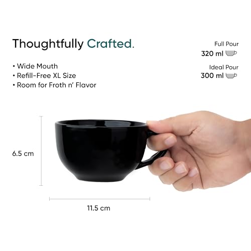 Shay Large Ceramic Coffee Cup, 1pc, Full Black, 320ml | Cappuccino Cup | Glossy Finish | Premium Porcelain Coffee Mug | Microwave Safe (XL Cuppa 1pc - Full Black) - Image 5