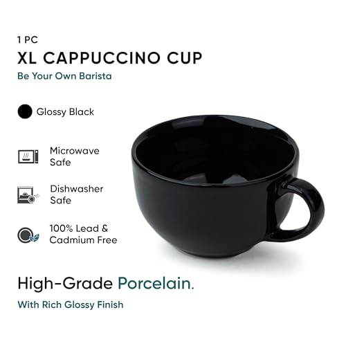 Shay Large Ceramic Coffee Cup, 1pc, Full Black, 320ml | Cappuccino Cup | Glossy Finish | Premium Porcelain Coffee Mug | Microwave Safe (XL Cuppa 1pc - Full Black) - Image 3