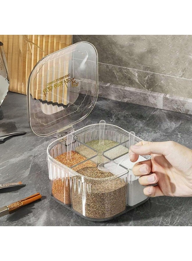 KREPS Seasoning Box with Lid and Spoon, 4 Compartment Spice Pots,Masala Box,Kitchen Condiment Jars, Plastic for Sugar Salt Pepper (Transparent) - Image 1