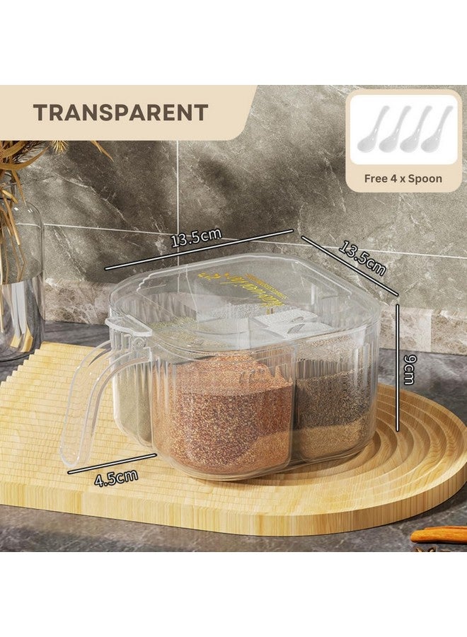 KREPS Seasoning Box with Lid and Spoon, 4 Compartment Spice Pots,Masala Box,Kitchen Condiment Jars, Plastic for Sugar Salt Pepper (Transparent) - Image 2