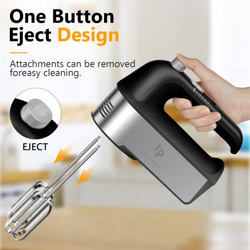 LILPARTNER Hand Mixer Electric, 450W Kitchen Mixers with Scale Cup Storage Case, Turbo Boost/Self-Control Speed + 5 Speed + Eject Button + 5 Stainless Steel Accessories, For Easy Whipping Dough, Cream, Black - Image 4