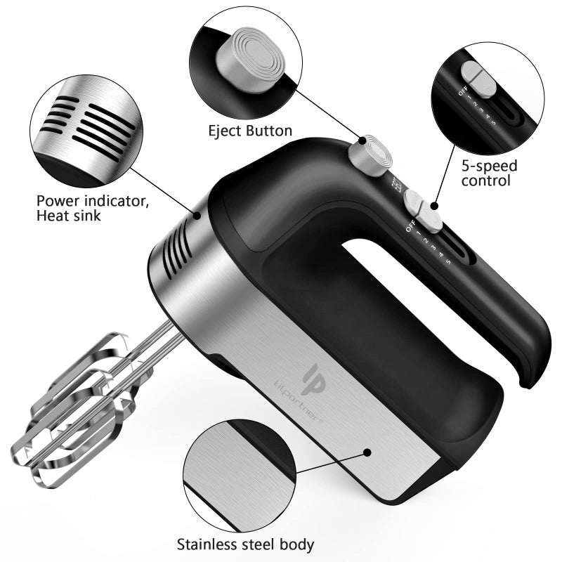 LILPARTNER Hand Mixer Electric, 450W Kitchen Mixers with Scale Cup Storage Case, Turbo Boost/Self-Control Speed + 5 Speed + Eject Button + 5 Stainless Steel Accessories, For Easy Whipping Dough, Cream, Black - Image 2