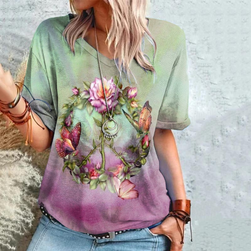 2022 Summer Cross-Border Supply of 3D Digital Printed Short-Sleeved V Neck Women's Loose-Fitting Women's T-Shirts - Image 1