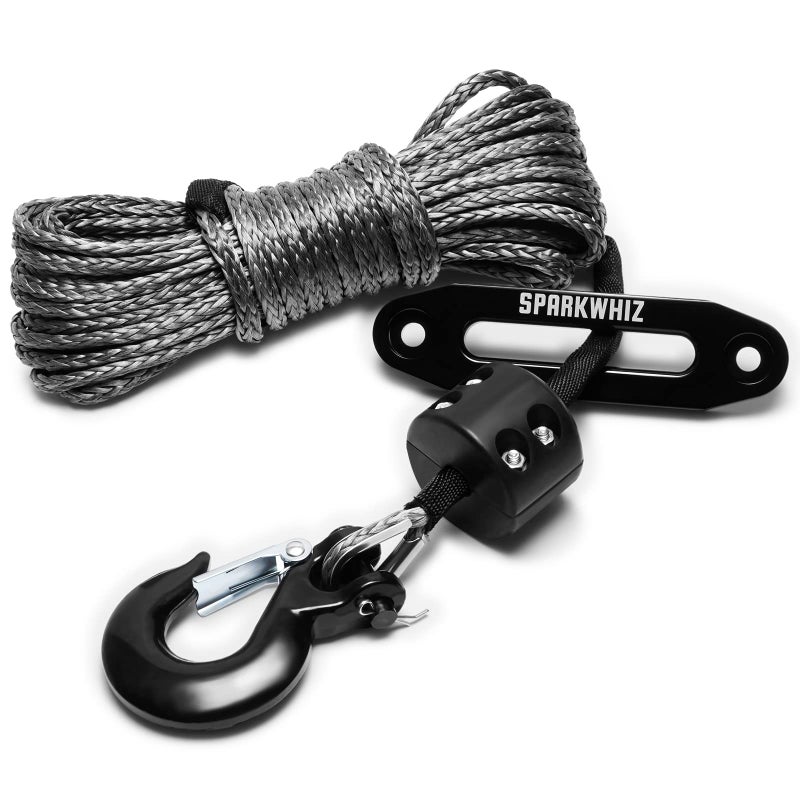 طقم حبل سحب SPARKWHIZ الاصطناعي 14 × 50 قدم 10000 رطل مع غلاف واقي، دليلي سحب، قفل، خطاف للدراجات الرباعية، المركبات الرياضية المتعددة الاستخدامات، والسيارات الرياضية
