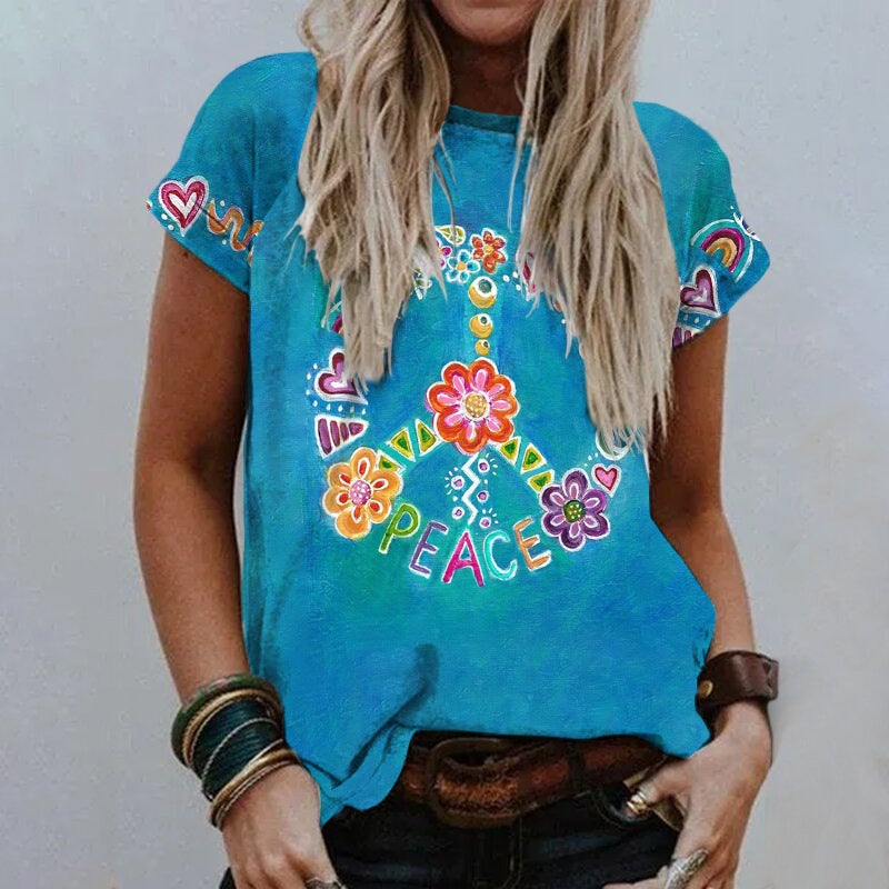 2022 Summer Cross-Border Supply of 3D Digital Printed Short-Sleeved V Neck Women's Loose-Fitting Women's T-Shirts - Image 1