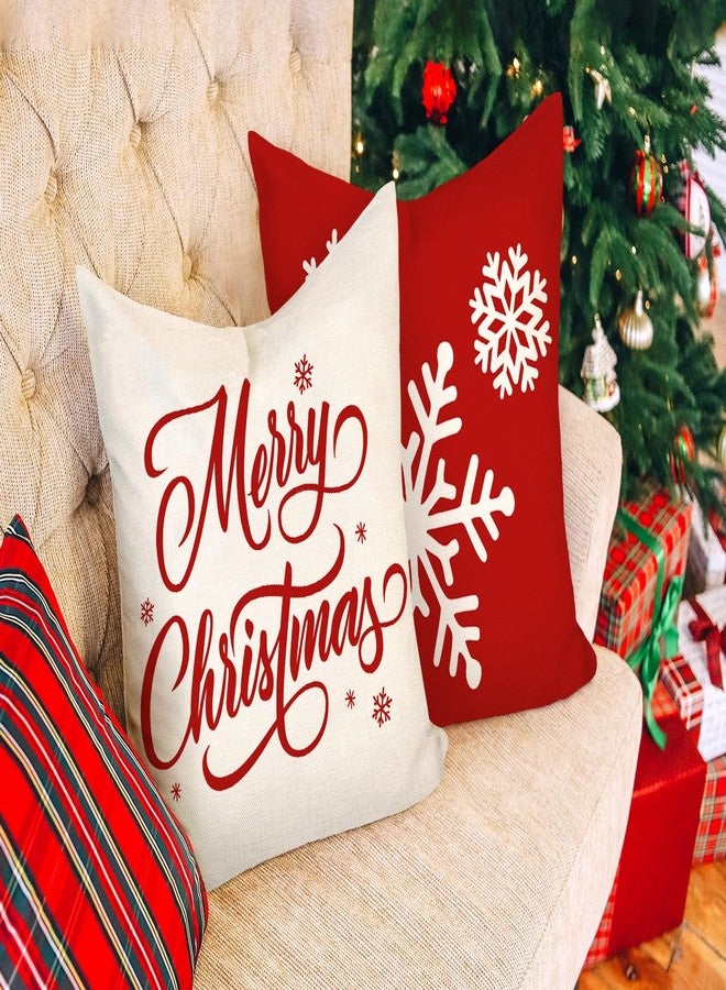 4TH Emotion Red Christmas Pillow Covers 18x18 Set of 4 Farmhouse Xmas Decorations Snowflake Hello Winter Holiday Decor Throw Cushion Case for Home Couch S24C17 - Image 3