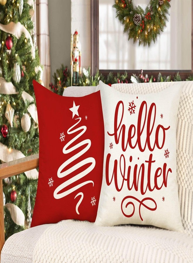 4TH Emotion Red Christmas Pillow Covers 18x18 Set of 4 Farmhouse Xmas Decorations Snowflake Hello Winter Holiday Decor Throw Cushion Case for Home Couch S24C17 - Image 4
