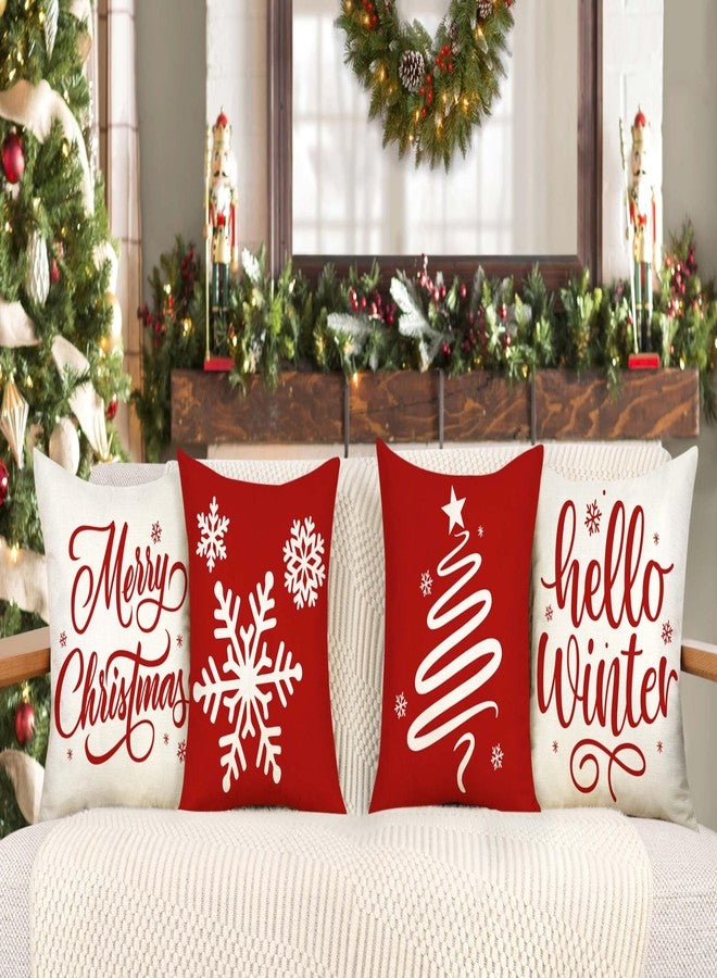 4TH Emotion Red Christmas Pillow Covers 18x18 Set of 4 Farmhouse Xmas Decorations Snowflake Hello Winter Holiday Decor Throw Cushion Case for Home Couch S24C17 - Image 2