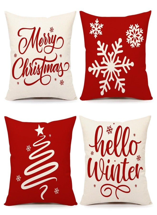 4TH Emotion Red Christmas Pillow Covers 18x18 Set of 4 Farmhouse Xmas Decorations Snowflake Hello Winter Holiday Decor Throw Cushion Case for Home Couch S24C17 - Image 1