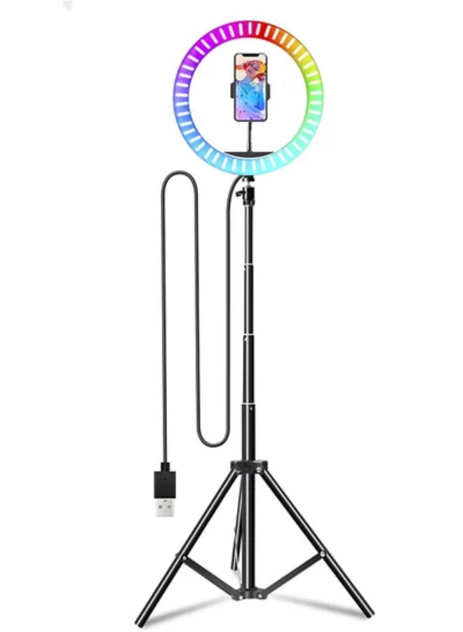 SHOPI Selfie Ring Light, 10'' RGB Ring Light with Phone Holder, Shooting with 16 Color Light, LED Ring Light for TakaTak YouTube Vlog Video Shooting,Makeup,Photography,Live Streaming Tripod, Tripod Bracket  - Image 2