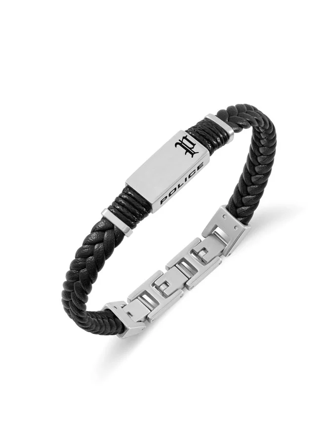 POLICE Ridgecord Black Braided Flat Leather Bracelet for Men