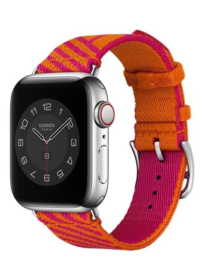 NIBEMINENT Two-Colour Nylon Braid Replacement Wrist Strap Watchband For Apple Watch Series 1/2/3/4/5/6/7/SE 42-44-45mm Orange/Pink - Image 3