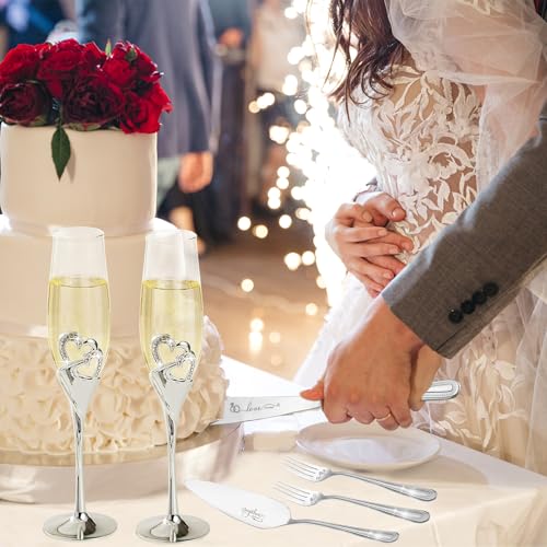 VARLKA Wedding Cake Knife and Server Set with Forks, Classical Style Champagne Flutes Toasting Glasses for Bride and Groom, Wedding Gifts for Couples, Bridal Shower Gifts - Image 4