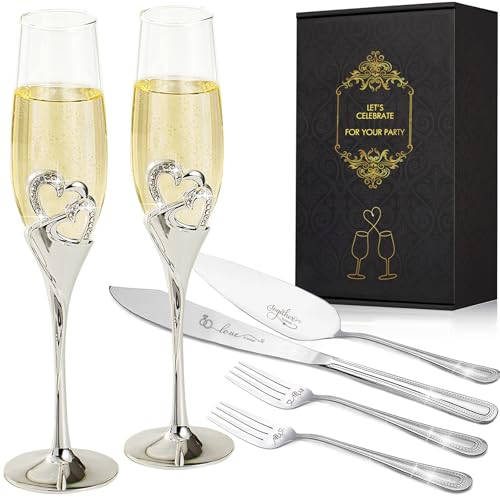 VARLKA Wedding Cake Knife and Server Set with Forks, Classical Style Champagne Flutes Toasting Glasses for Bride and Groom, Wedding Gifts for Couples, Bridal Shower Gifts - Image 1