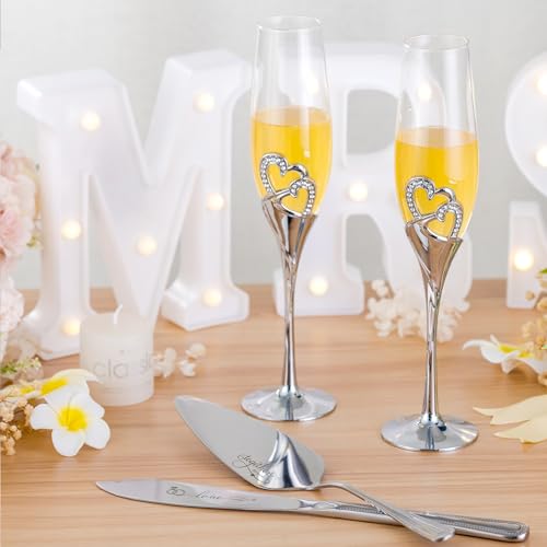 VARLKA Wedding Cake Knife and Server Set with Forks, Classical Style Champagne Flutes Toasting Glasses for Bride and Groom, Wedding Gifts for Couples, Bridal Shower Gifts - Image 3