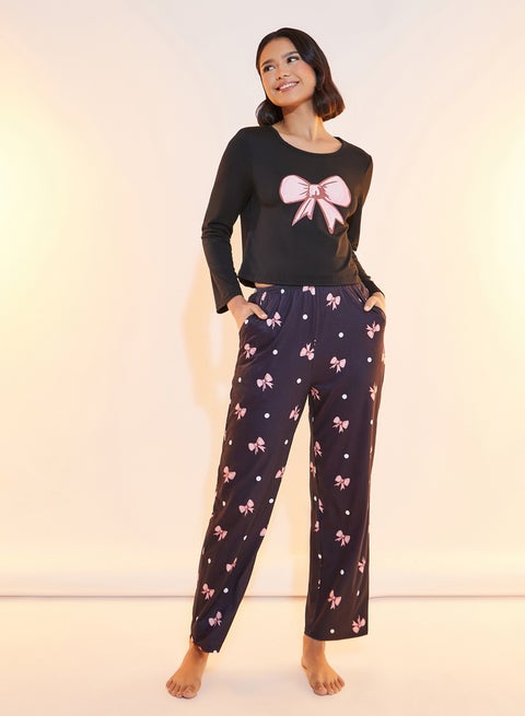 Take Two Bow Print Round Neck T-Shirt and Pyjama Set