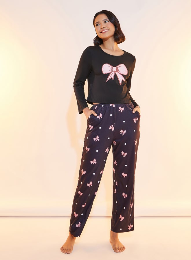 Take Two Bow Print Round Neck T-Shirt and Pyjama Set