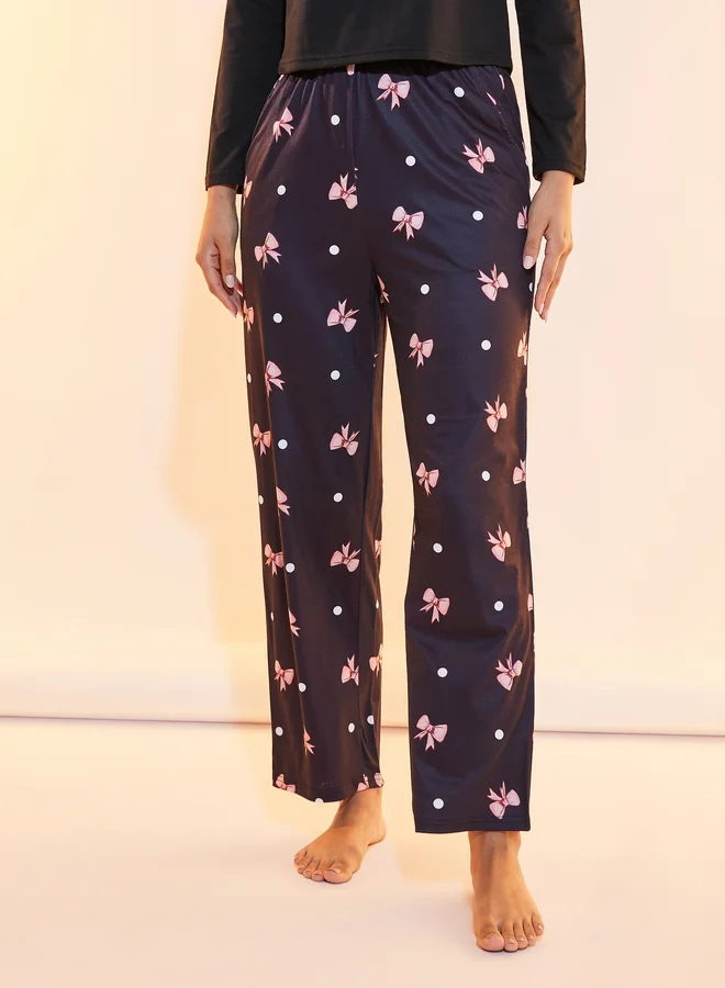 Take Two Take Two Bow Print Round Neck T-Shirt and Pyjama Set