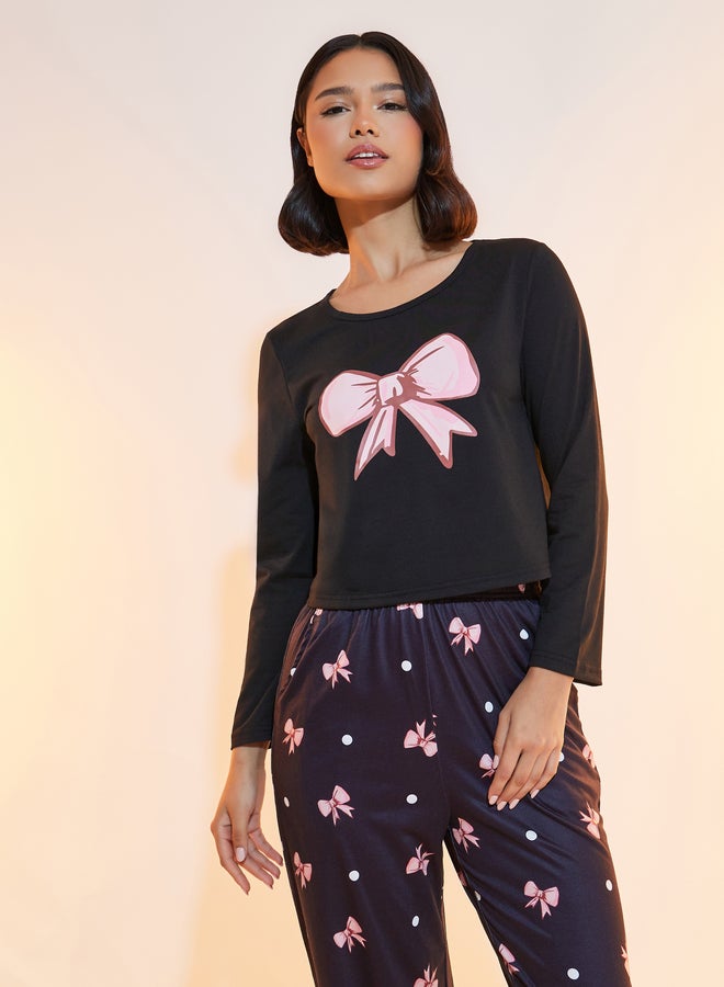 Take Two Bow Print Round Neck T-Shirt and Pyjama Set