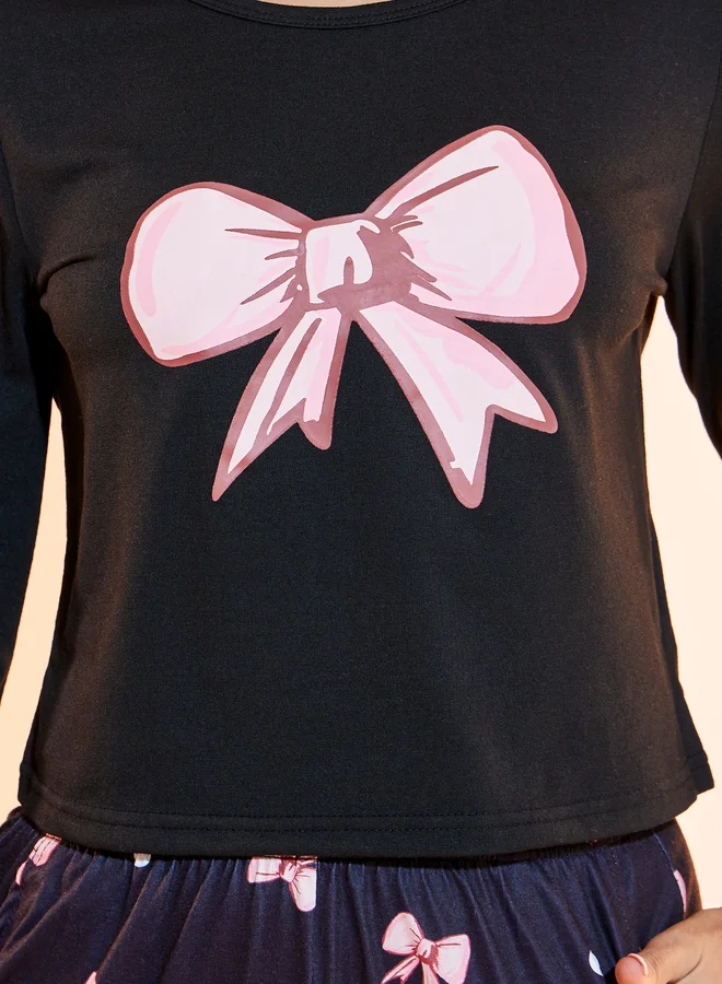 Take Two Take Two Bow Print Round Neck T-Shirt and Pyjama Set