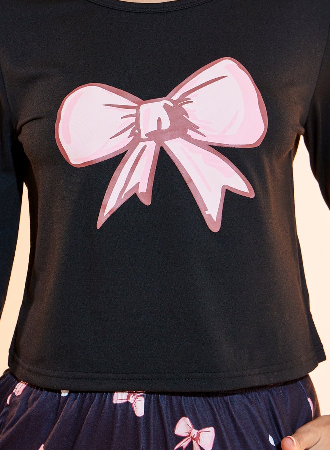 Take Two Bow Print Round Neck T-Shirt and Pyjama Set