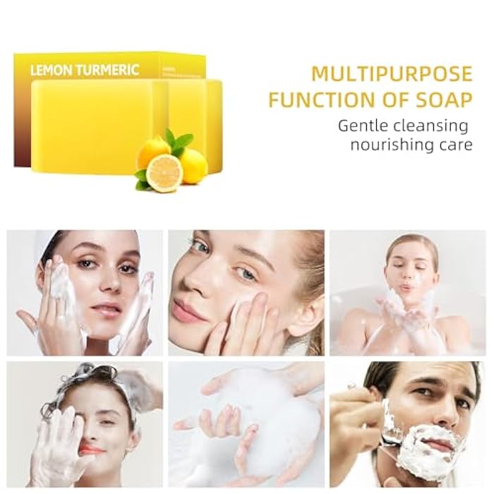 YAFUSIPE Lemon Turmeric Kojic Acid Soap Bar, Turmeric Soap for Face Body Hands, Deep Cleansing Natural Curcuma Bath Soaps Bar, Moisturizing Facial Cleanser Body Wash for All Skin Types Blemish 2 Bars - Image 4