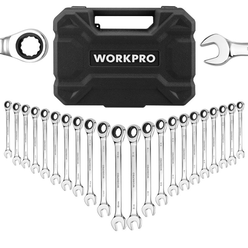 WORKPRO 22-Piece Ratcheting Combination Wrench Set, 72 Teeth, Combo Ratchet Wrenches Set with Organizer Box, Metric 6-18mm & SAE 1/4-3/4" - Image 1