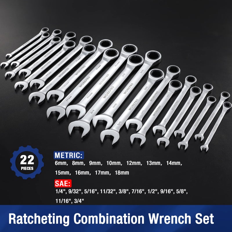WORKPRO 22-Piece Ratcheting Combination Wrench Set, 72 Teeth, Combo Ratchet Wrenches Set with Organizer Box, Metric 6-18mm & SAE 1/4-3/4" - Image 2