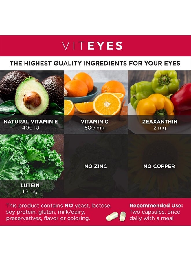 Viteyes AREDS 2 Zinc Free Macular Support, Natural Allergen Free Capsules with Vitamin E, Vitamin C, Lutein & Zeaxanthin, No Zinc, No Copper, Eye Doctor Trusted, Manufactured in The USA, 180 Ct  - Image 3