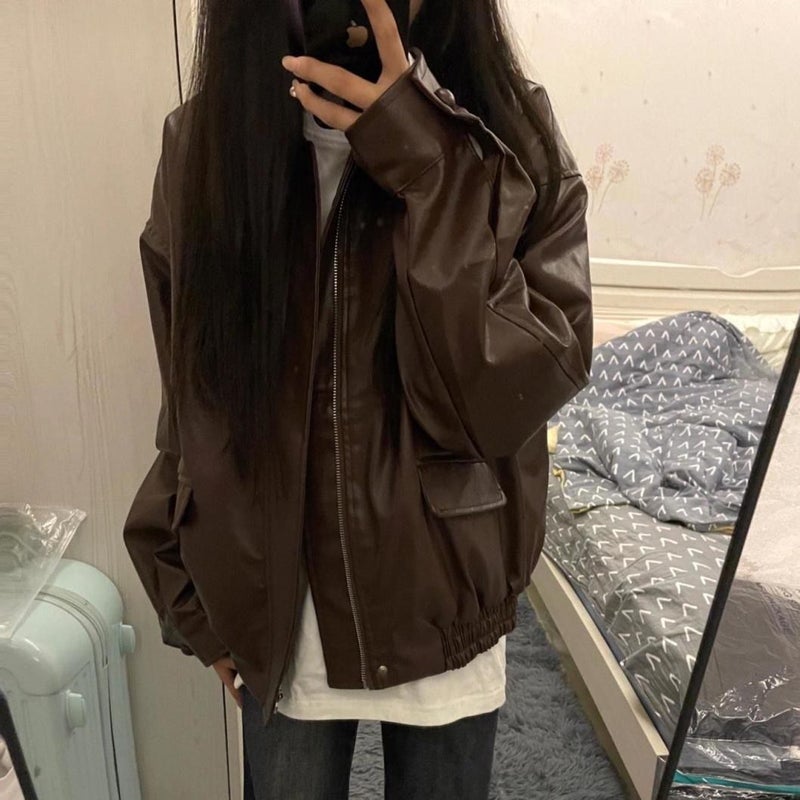 American Style High Street Vibe Style Coat Leather Jacket Women'S Korean Style Laid-Back Harajuku Loose Pu Leather Biker Fashion - Image 1