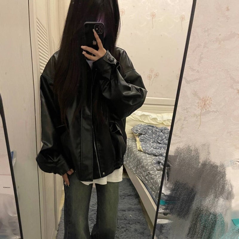 American Style High Street Vibe Style Coat Leather Jacket Women'S Korean Style Laid-Back Harajuku Loose Pu Leather Biker Fashion - Image 3