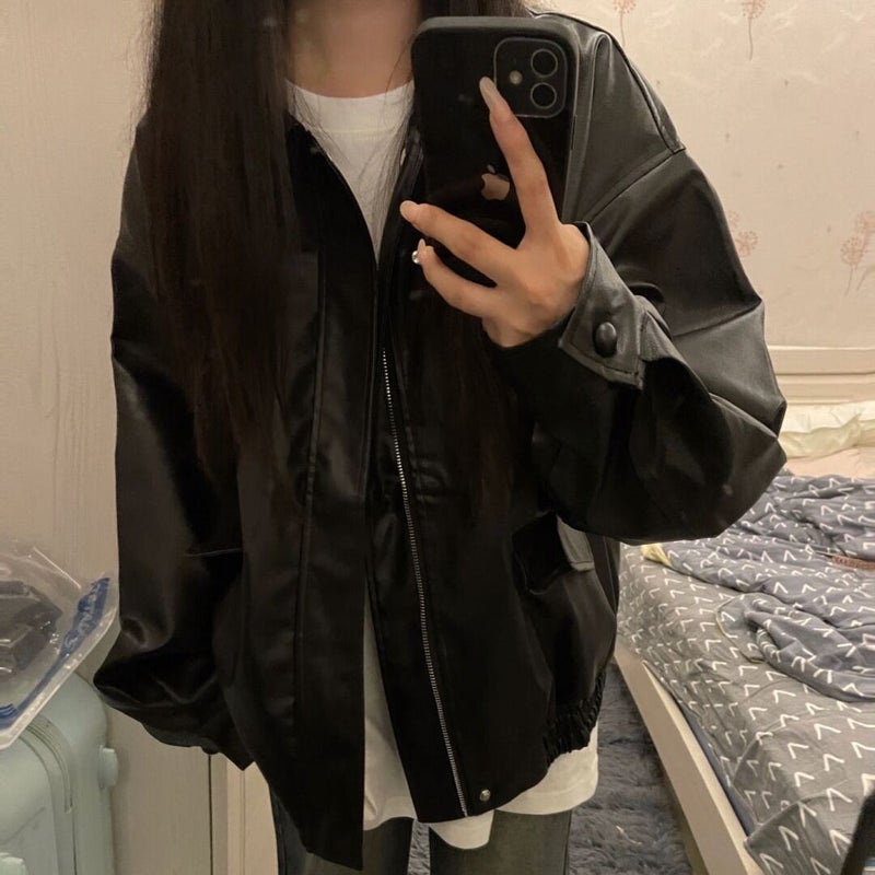 American Style High Street Vibe Style Coat Leather Jacket Women'S Korean Style Laid-Back Harajuku Loose Pu Leather Biker Fashion - Image 4