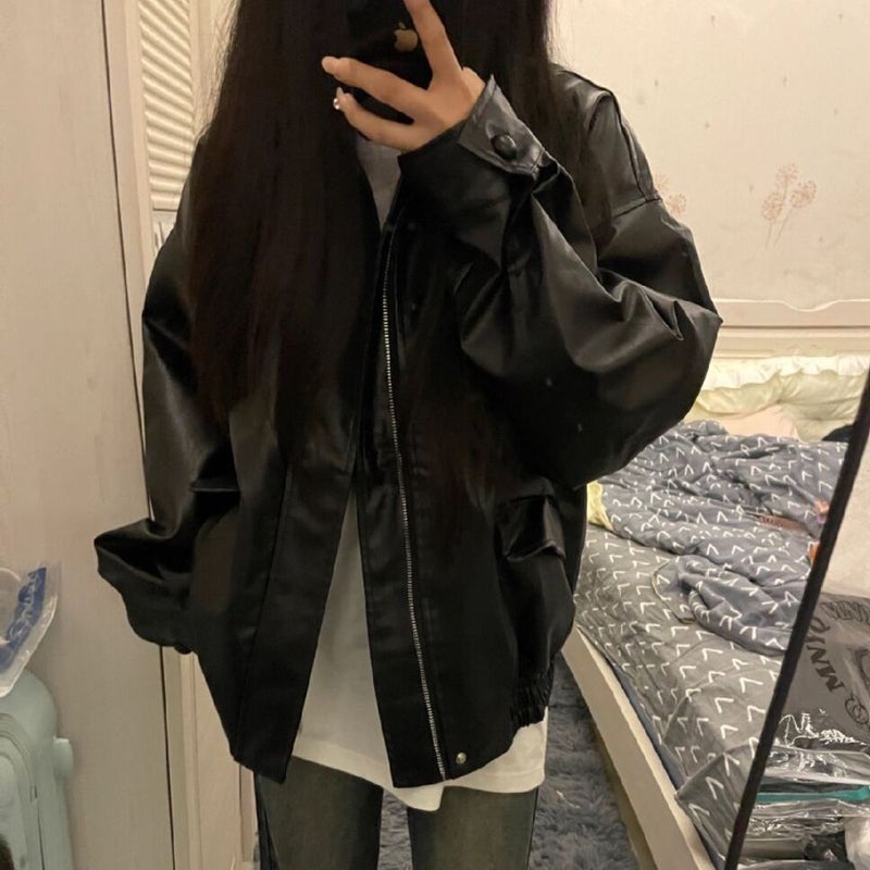 American Style High Street Vibe Style Coat Leather Jacket Women'S Korean Style Laid-Back Harajuku Loose Pu Leather Biker Fashion - Image 5