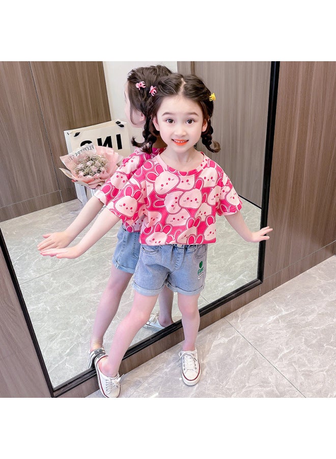 Girls' Summer New Short Sleeve Full Printed Rabbit Cartoon Top Cute Loose All-match Children's T-shirt