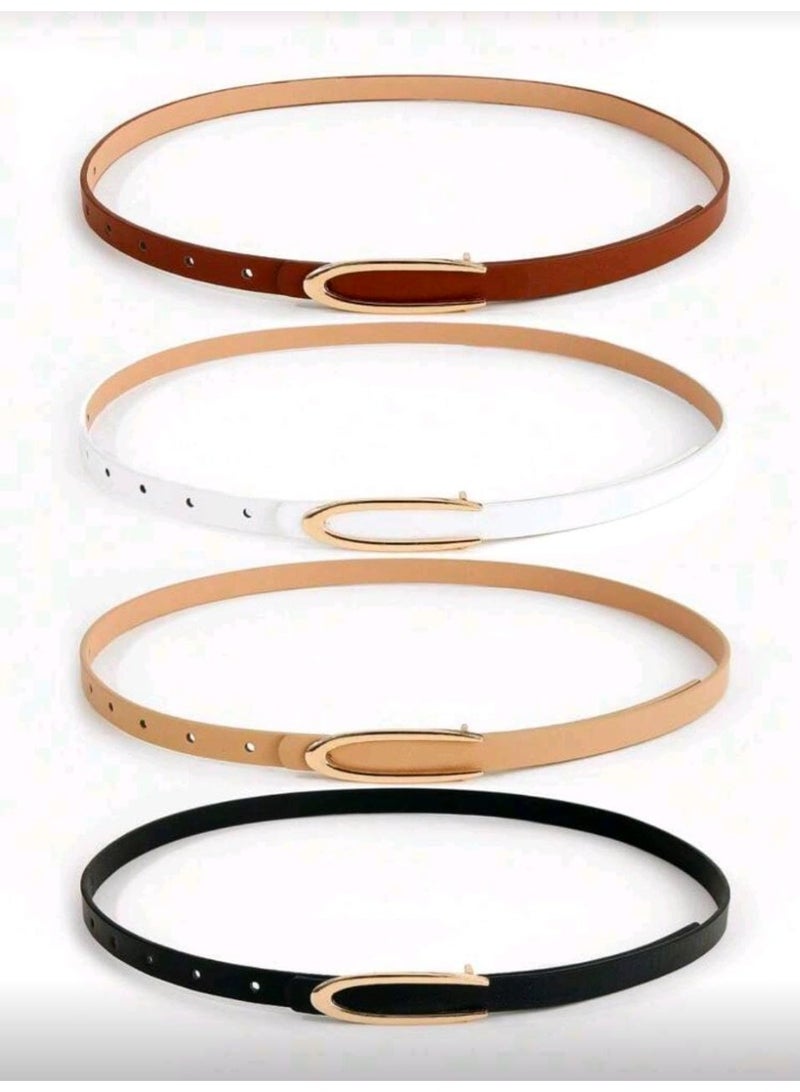 SHEIN-4pcs (Black + White + Khaki + Camel) Minimalist Fashion U-Buckle Women's Skinny Waist Belt Set - Image 1