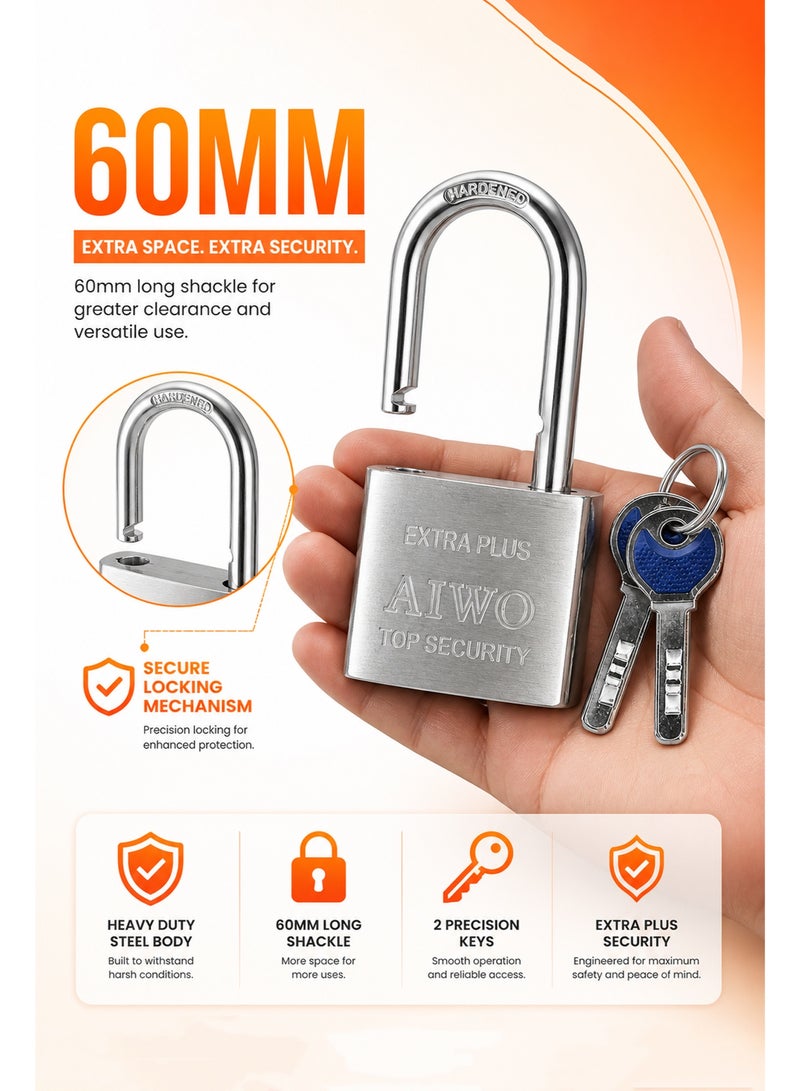 60mm Heavy Duty Padlock with 2 Keys – Long Shackle Steel Security Lock, Strong Metal Body, Open Shackle Design for Gate, Garage Door, Villa Door, Locker, Shed & Storage Use - Image 4