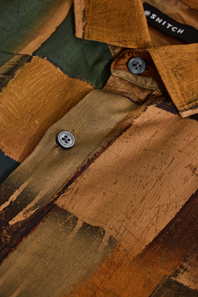 سنيتش Dark Earthy Tones Abstract Long Sleeve Slim Fit Shirt