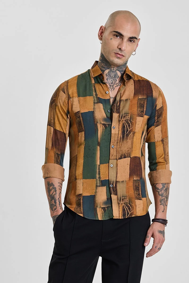 سنيتش Dark Earthy Tones Abstract Long Sleeve Slim Fit Shirt