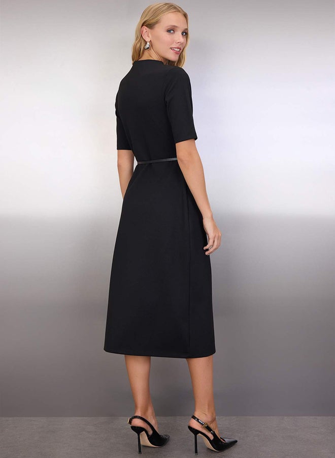 trendyol Black Midi Belted Three Quarter Sleeve Knitted Dress - Image 4