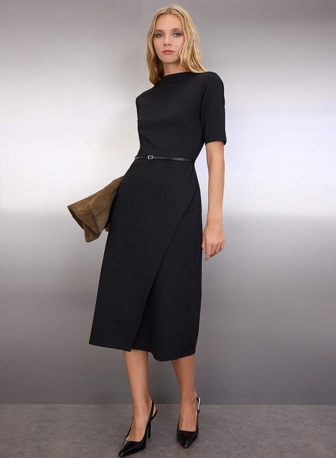 trendyol Black Midi Belted Three Quarter Sleeve Knitted Dress - Image 1