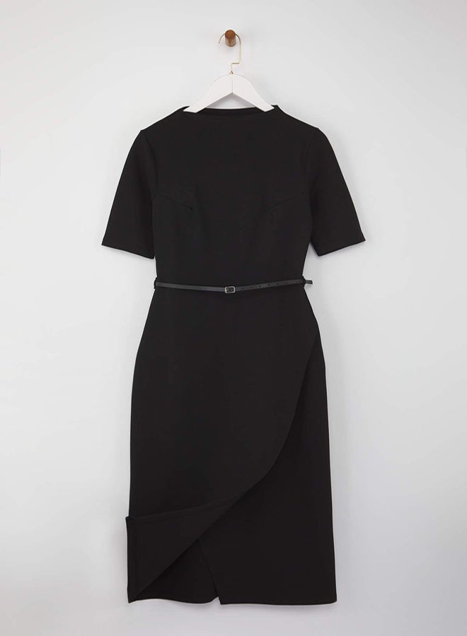trendyol Black Midi Belted Three Quarter Sleeve Knitted Dress - Image 5
