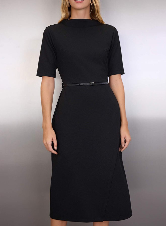 trendyol Black Midi Belted Three Quarter Sleeve Knitted Dress - Image 3