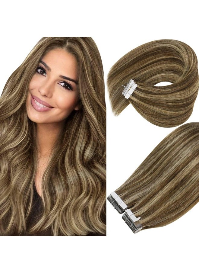 Ve Sunny Tape In Hair Extensions Human Hair Brown Highlight Tape In Human Hair Extensions Dark Brown Highlight Caramel Blonde Hair Extensions Real Human Hair Tape Ins Brown 20Pcs 50G 20Inch  - Image 1